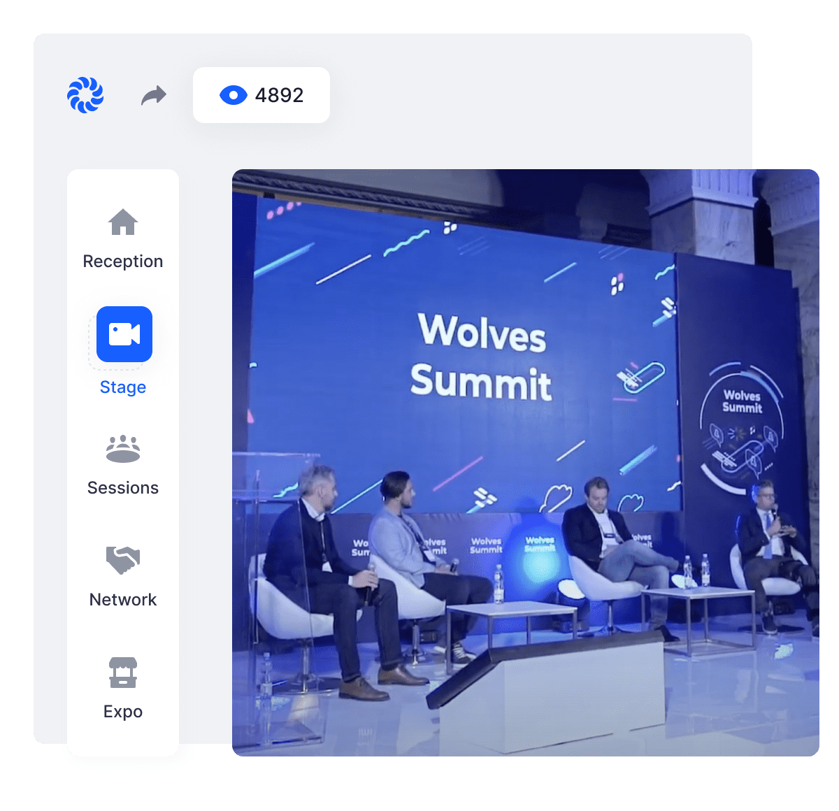  Event speakers sitting onstage at Wolves Summit which was created using Hopin's event agency platform and services