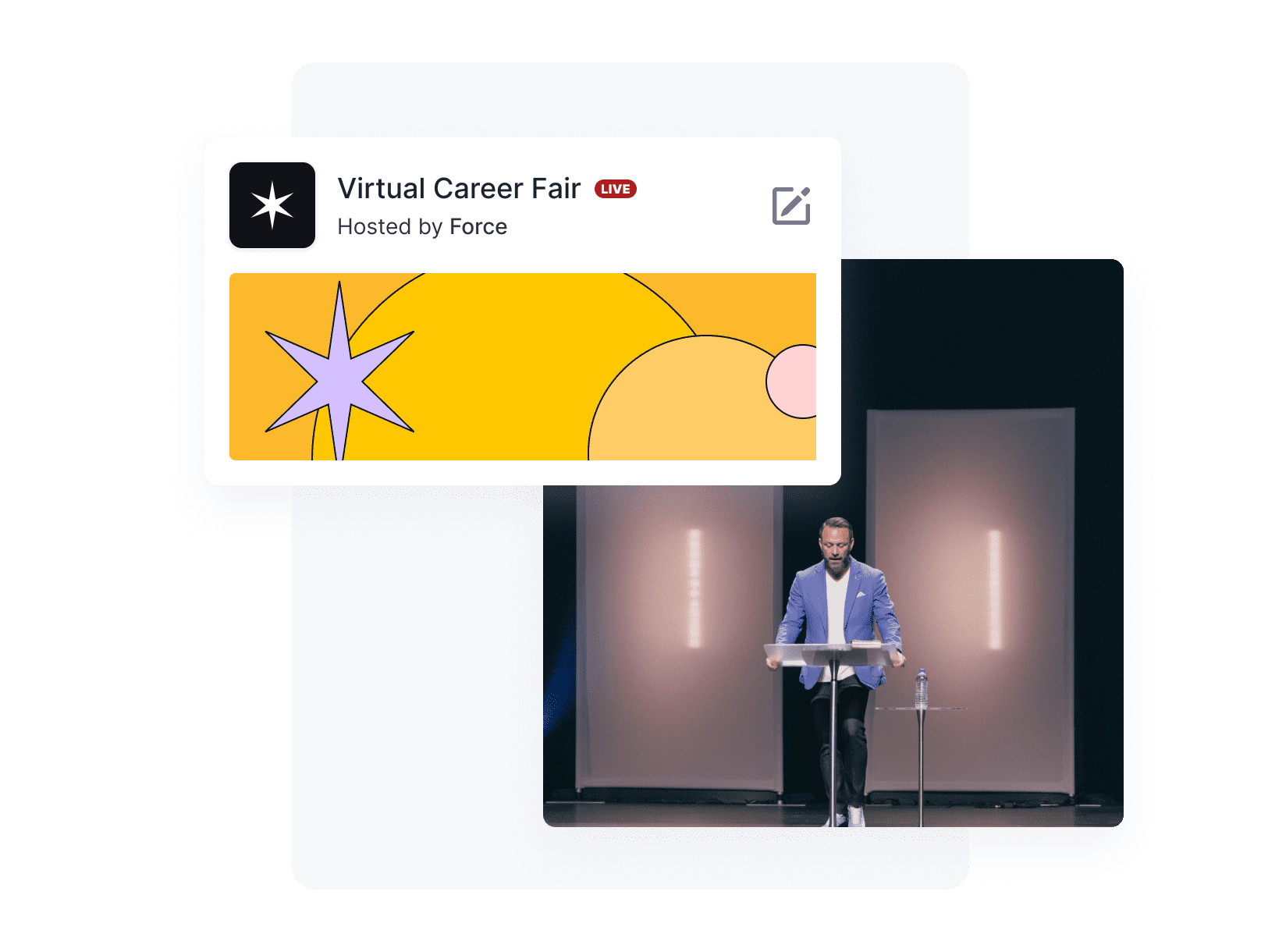 Cover of Virtual Career Fair showing that it's live with a man in blue blazer speaking on stage at a podium