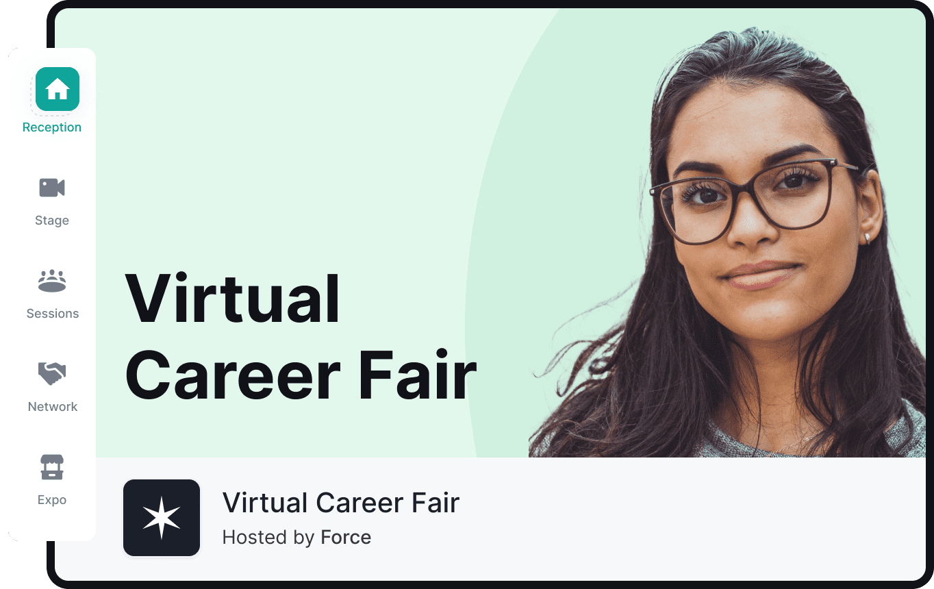 Landscape screen with event cover for a Virtual Career Fair showing a smiling woman wearing glasses