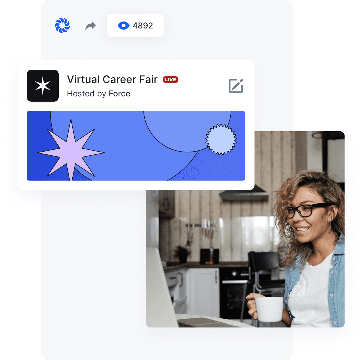 Woman wearing glasses holding mug attending virtual career fair event from the comfort of her home