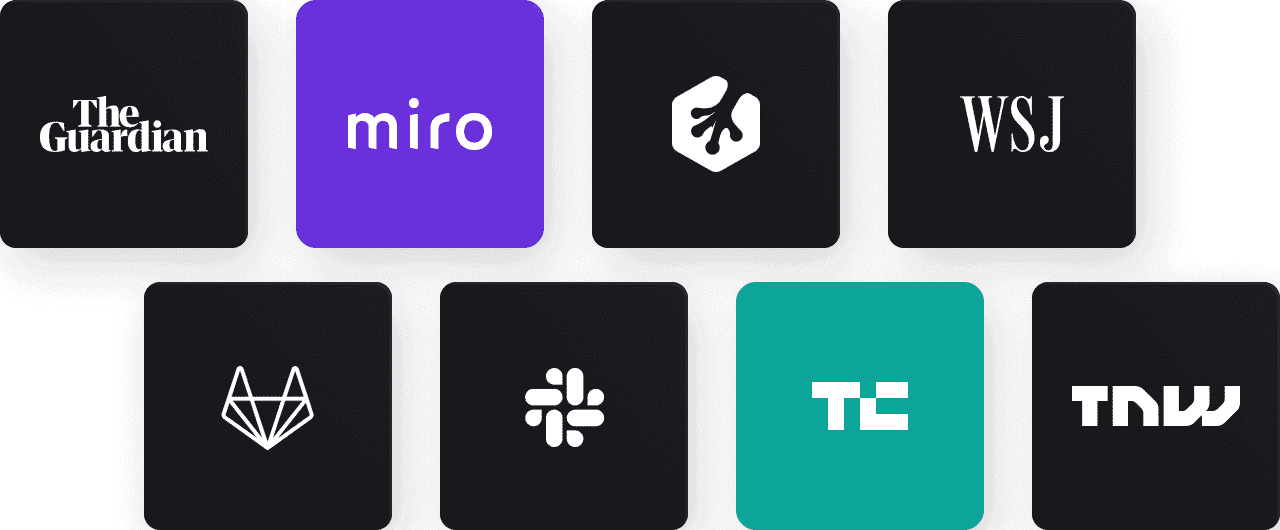 Collage of brand logos for companies such as The Guardian, Miro, Git Lab, Slack, TNW, TechCrunch
